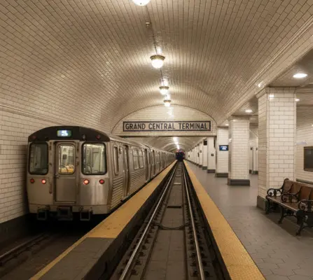 New York subway train at Grand Central Terminal with white subway tile walls and vaulted ceiling