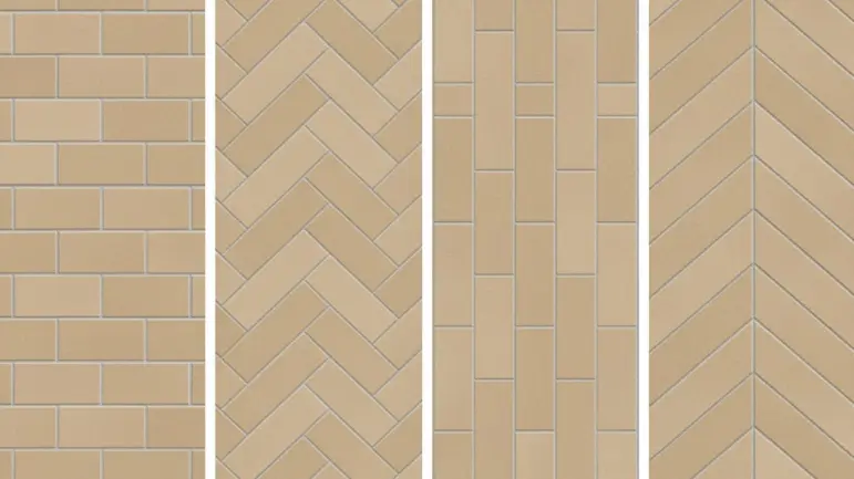 Different subway tile installation patterns including herringbone, vertical stack, and brick layout
