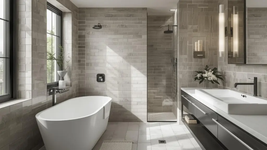 Interior deisgn of bathroom with concrete look subway tile