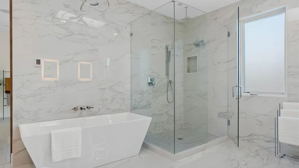 Luxe calacatta matte polished marble porcelain tile as bathroom interior design inspiration