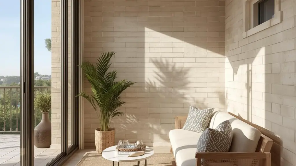 Beige 4x8 subway tile walls in a sunlit living area beside a balcony