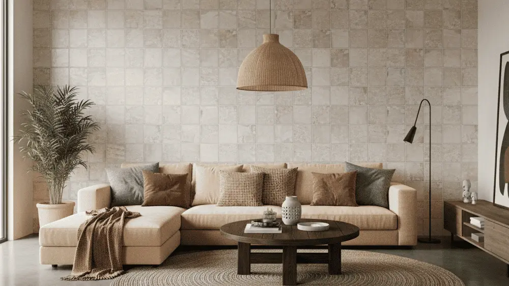 Crystal 2x2 matte quartzite-look porcelain mosaic tile installed on a living room accent wall