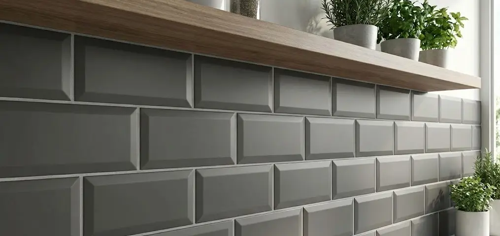 Gray beveled subway tile backsplash installed below a wood shelf with potted plants