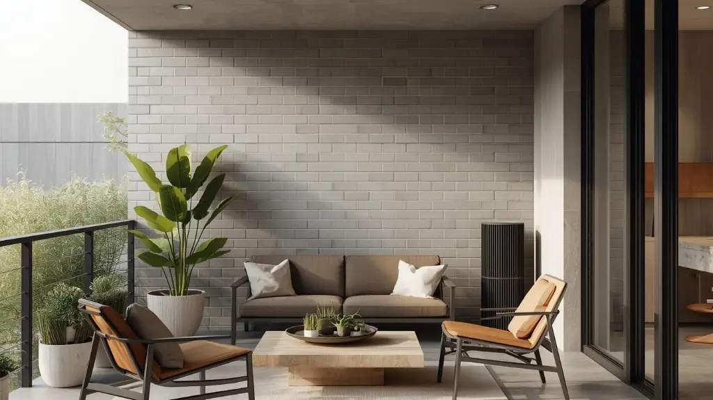 Gray subway tile installed from floor to ceiling on a covered patio wall