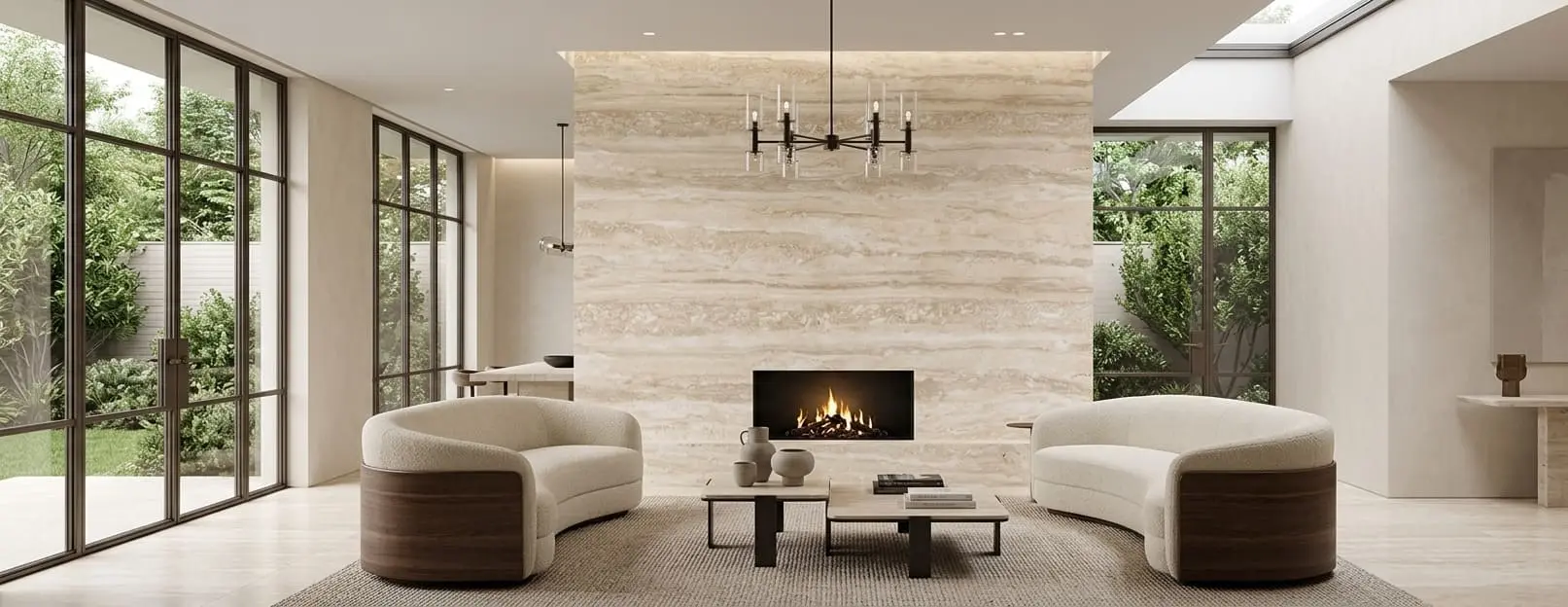 Conceptual rendering of travertine slab in fireplace surround