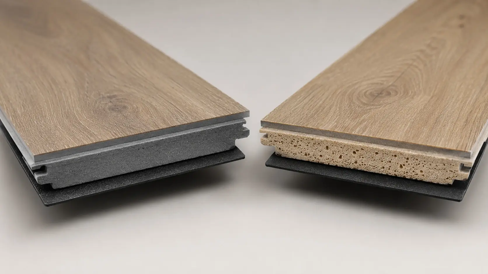 Conceptual rendering of LVP flooring planks side by side showing SPC and WPC core cross-sections