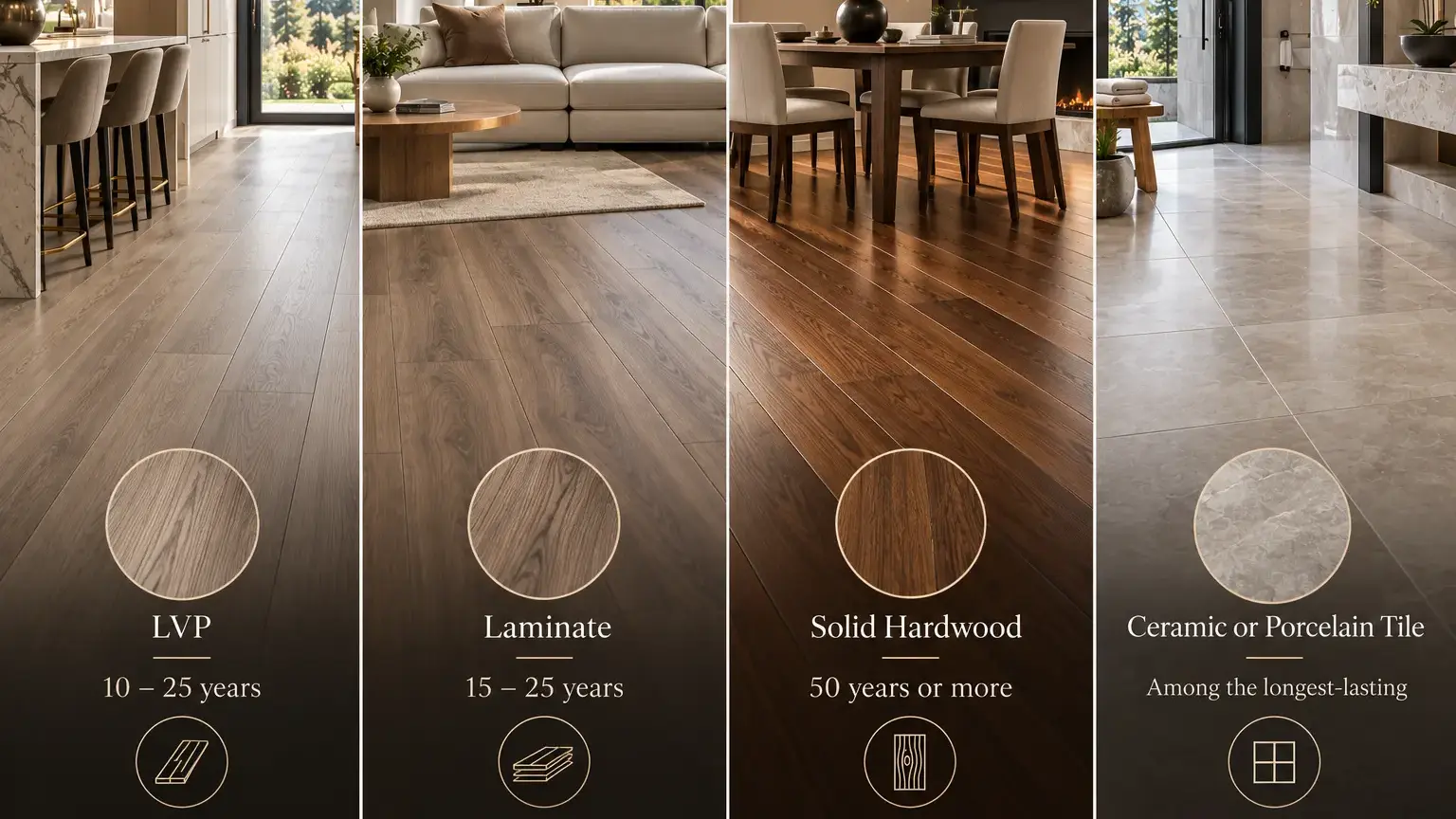 Conceptual rendering of LVP, laminate, hardwood, and tile flooring lifespan comparison at Carson City, NV