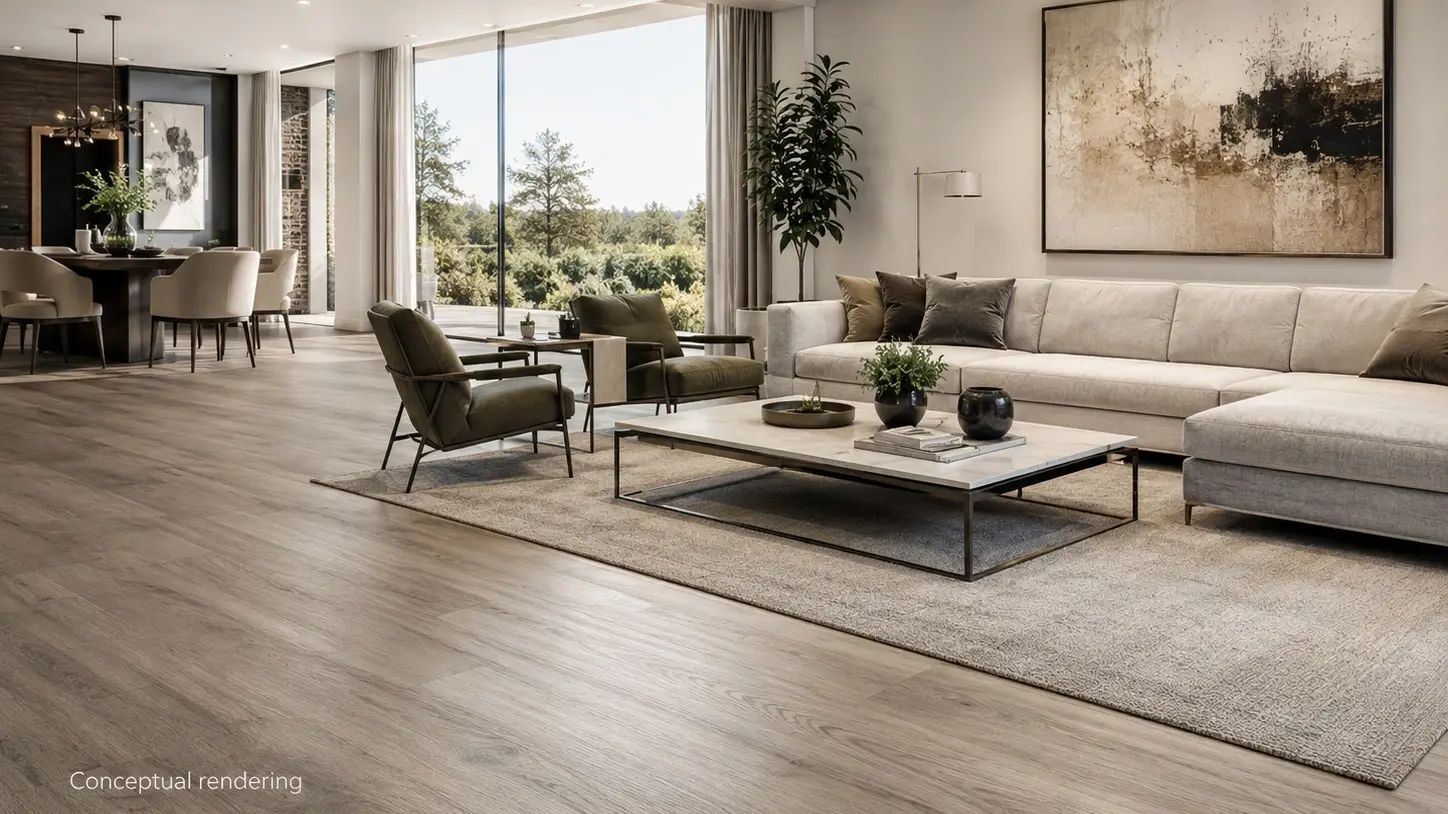 Conceptual rendering of luxury modern interior with wide-plank LVP flooring at Carson City, NV
