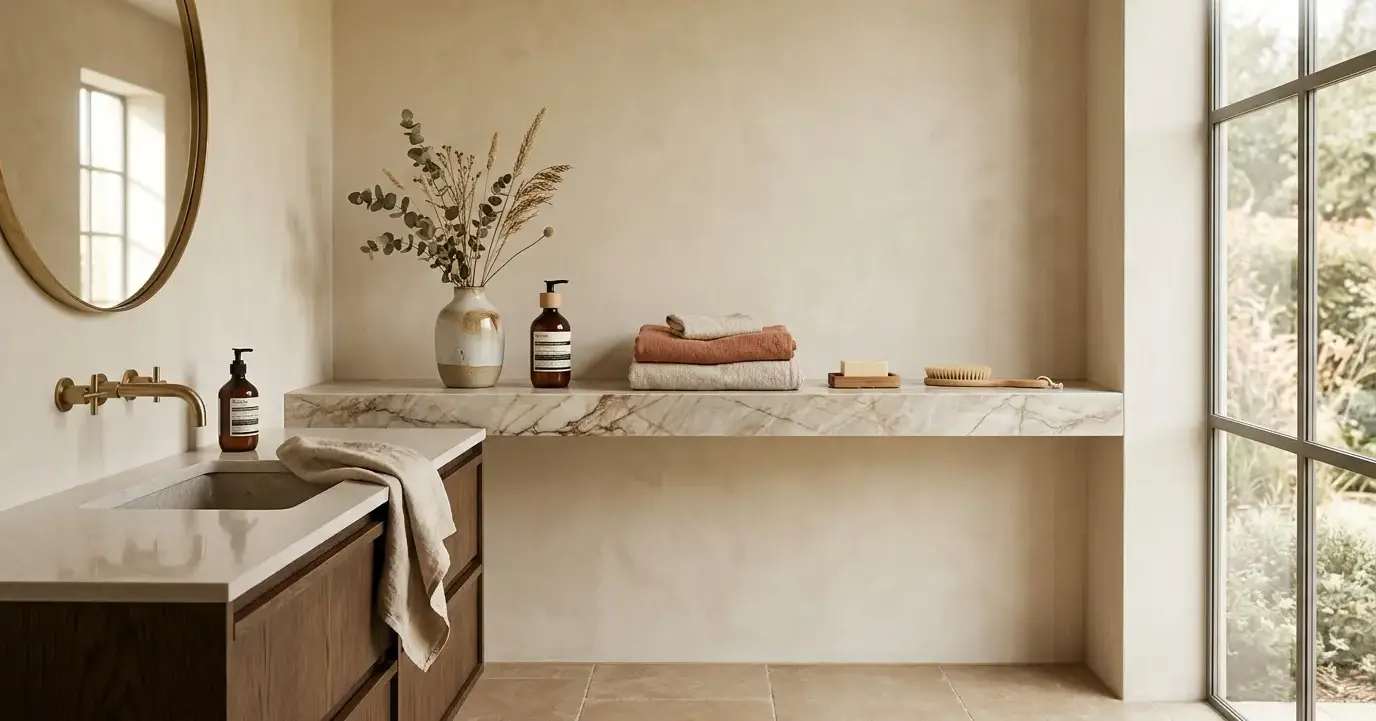 Conceptual rendering of a quartzite open shelf styled for warm minimalist bathroom storage