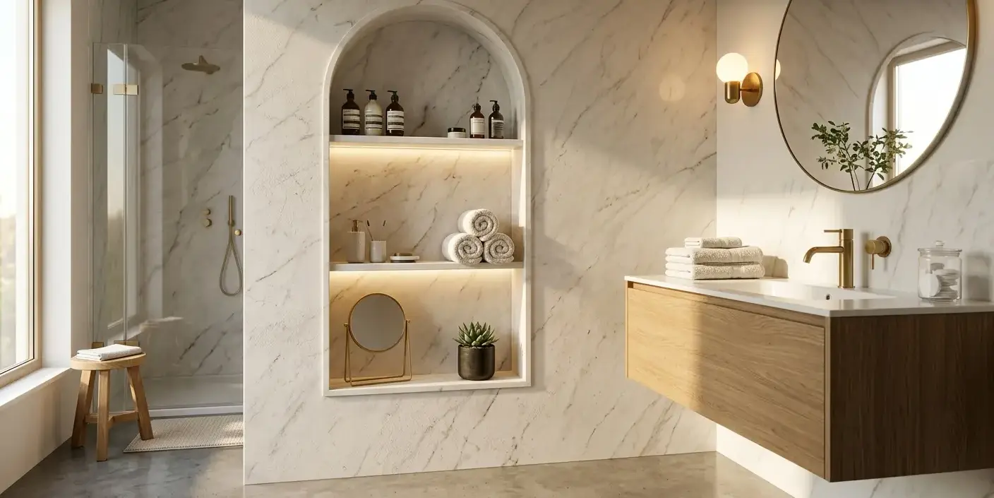 Conceptual rendering of a marble niche used for small bathroom storage solutions