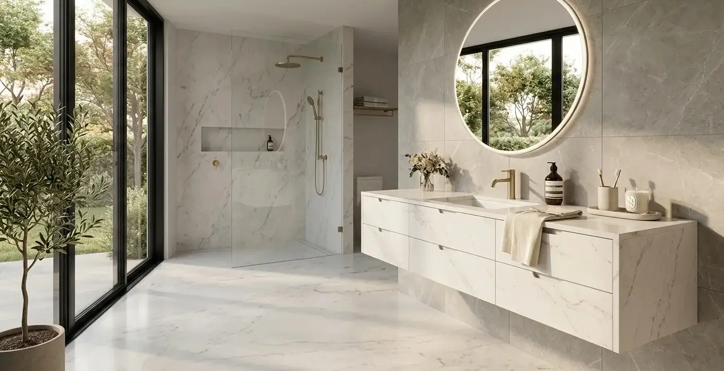 Conceptual rendering of a floating quartz and porcelain bathroom vanity with integrated drawer fronts