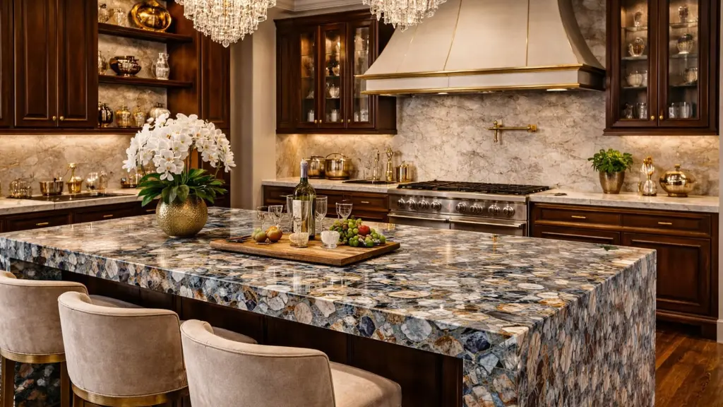 Polished semi-precious stone kitchen island