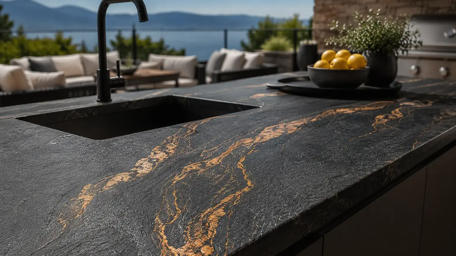 Conceptual rendering of a luxury outdoor sintered stone countertop in a modern exterior kitchen at Crystal Bay, NV