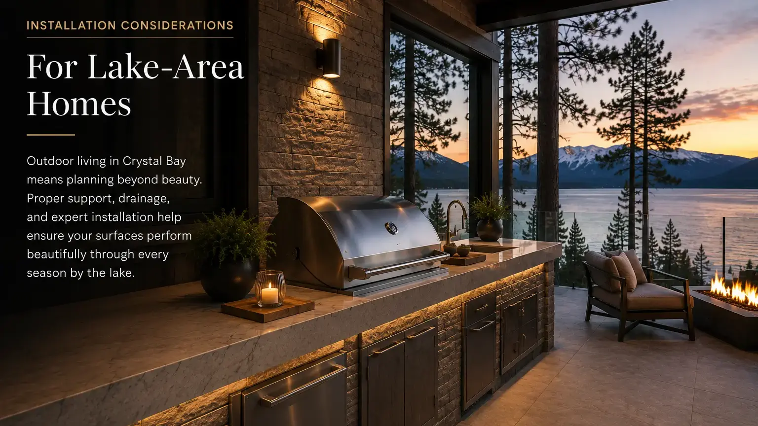 Conceptual rendering of luxury lakeside outdoor kitchen countertop in Crystal Bay home