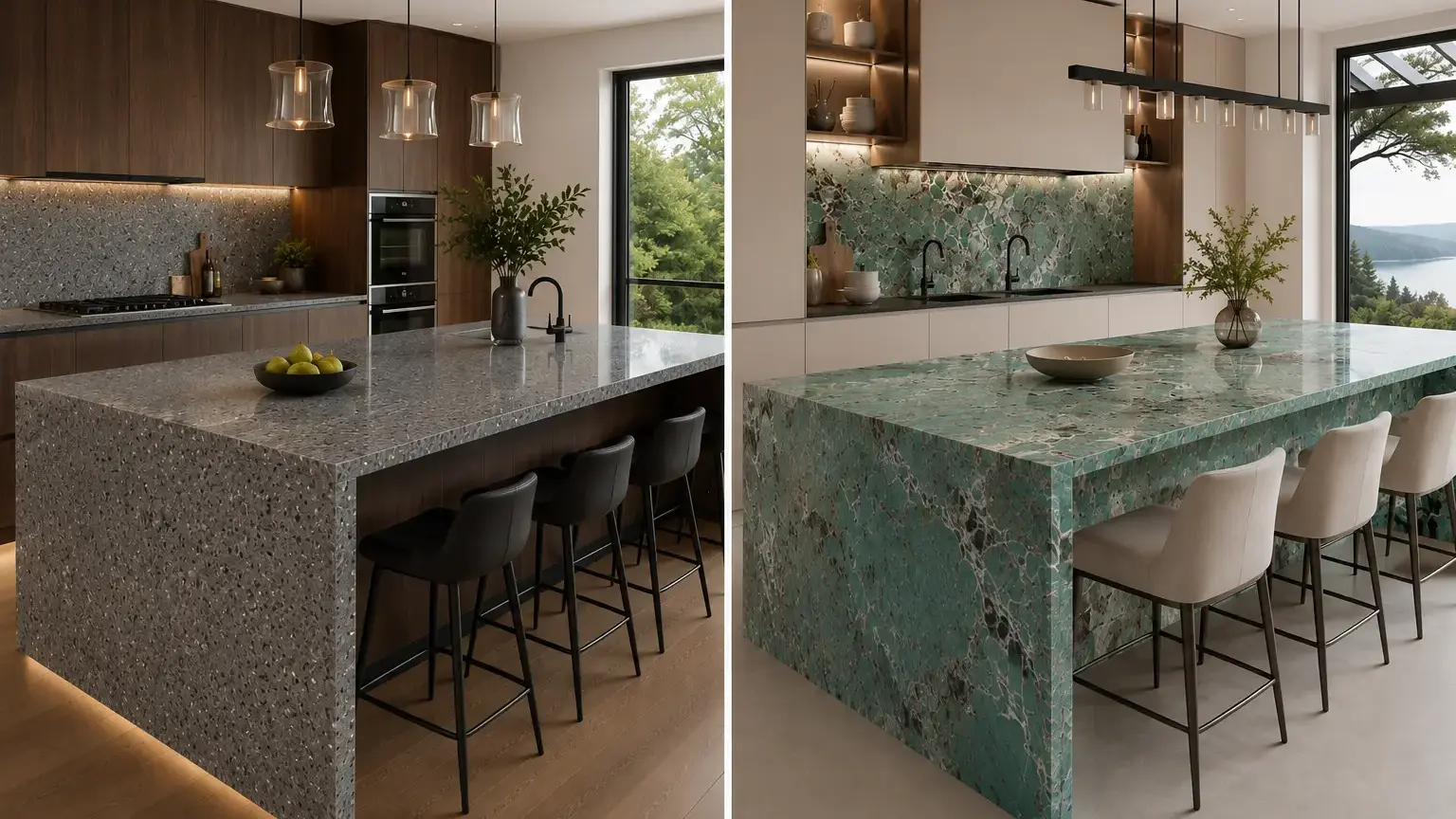Conceptual rendering of side-by-side images of modern kitchens at Crystal Bay home featuring quartz and sintered stone countertops