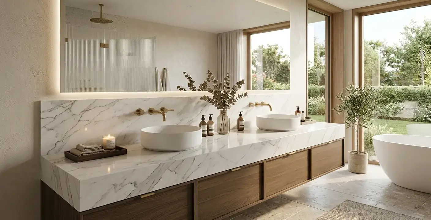 Conceptual rendering of a quartz bathroom vanity with a hidden countertop seam near the wall