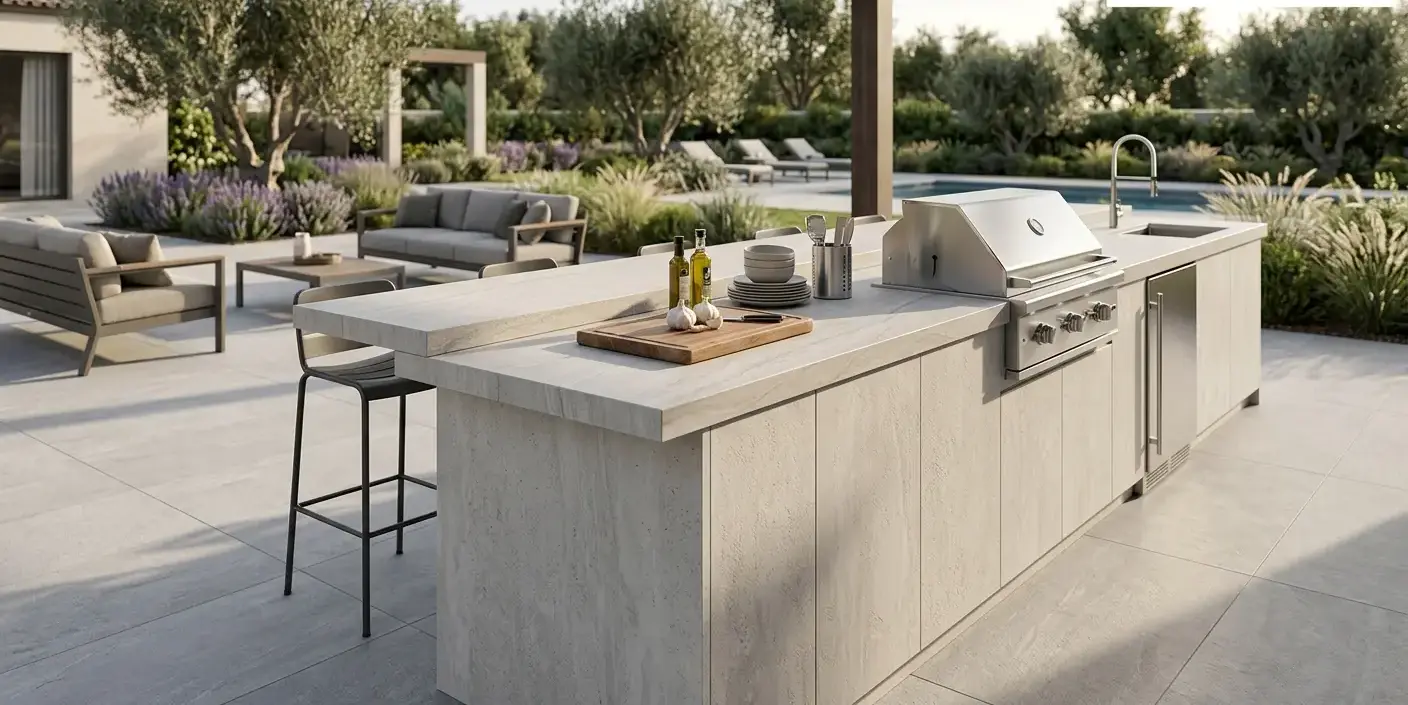 Conceptual rendering of an outdoor porcelain patio counter with a low-visibility countertop seam