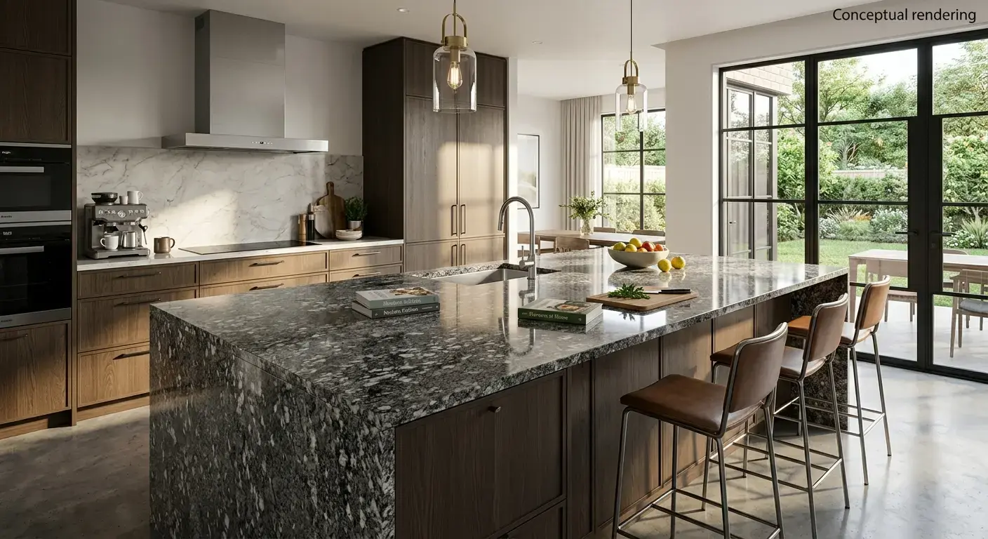 Conceptual rendering of a granite kitchen island showing minimal countertop seams