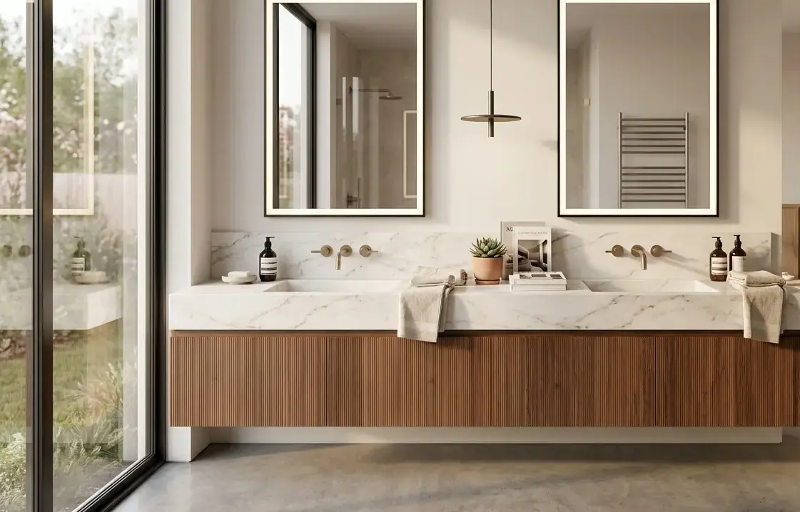 Conceptual rendering of a double-sink vanity top layout in a primary suite