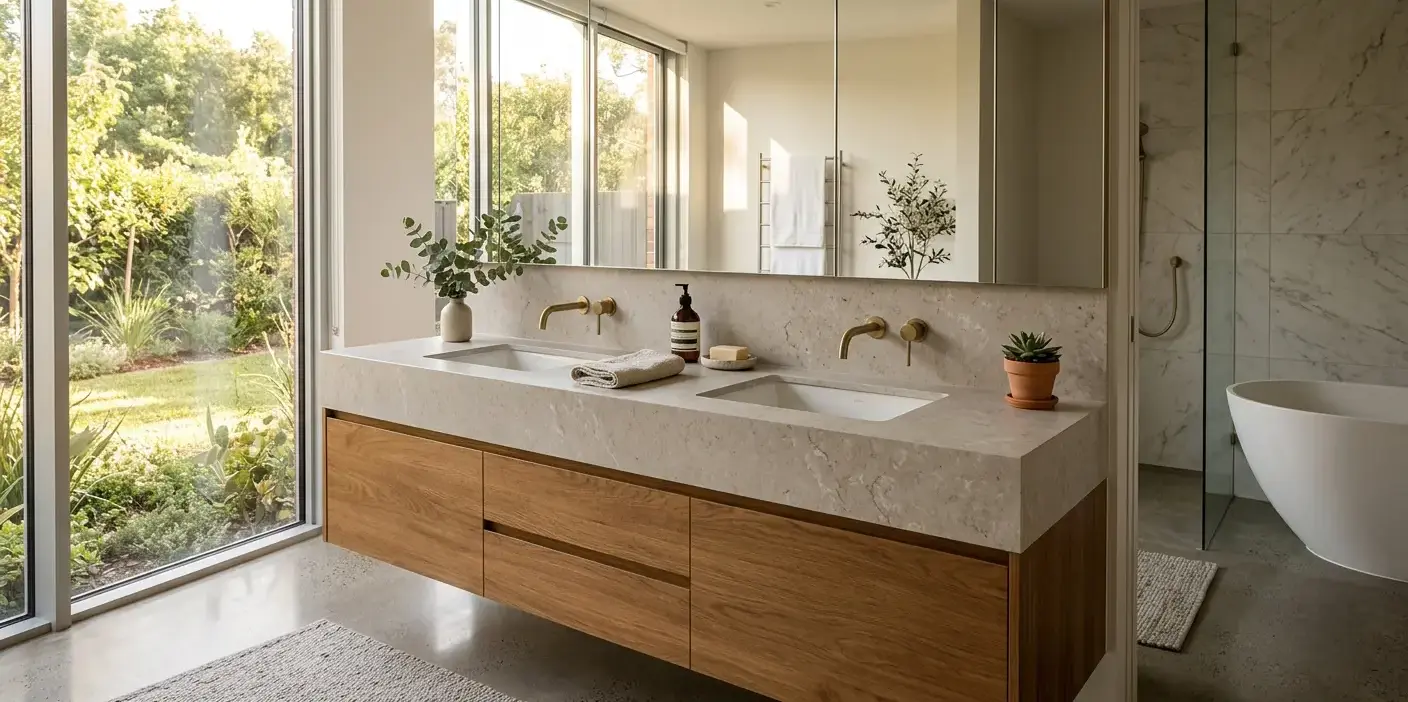 Conceptual rendering of a quartz vanity top surface with a honed finish