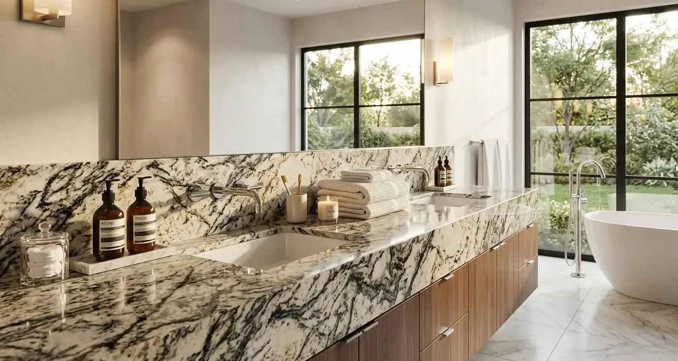 Conceptual rendering of a granite vanity top bathroom counter with visible veining