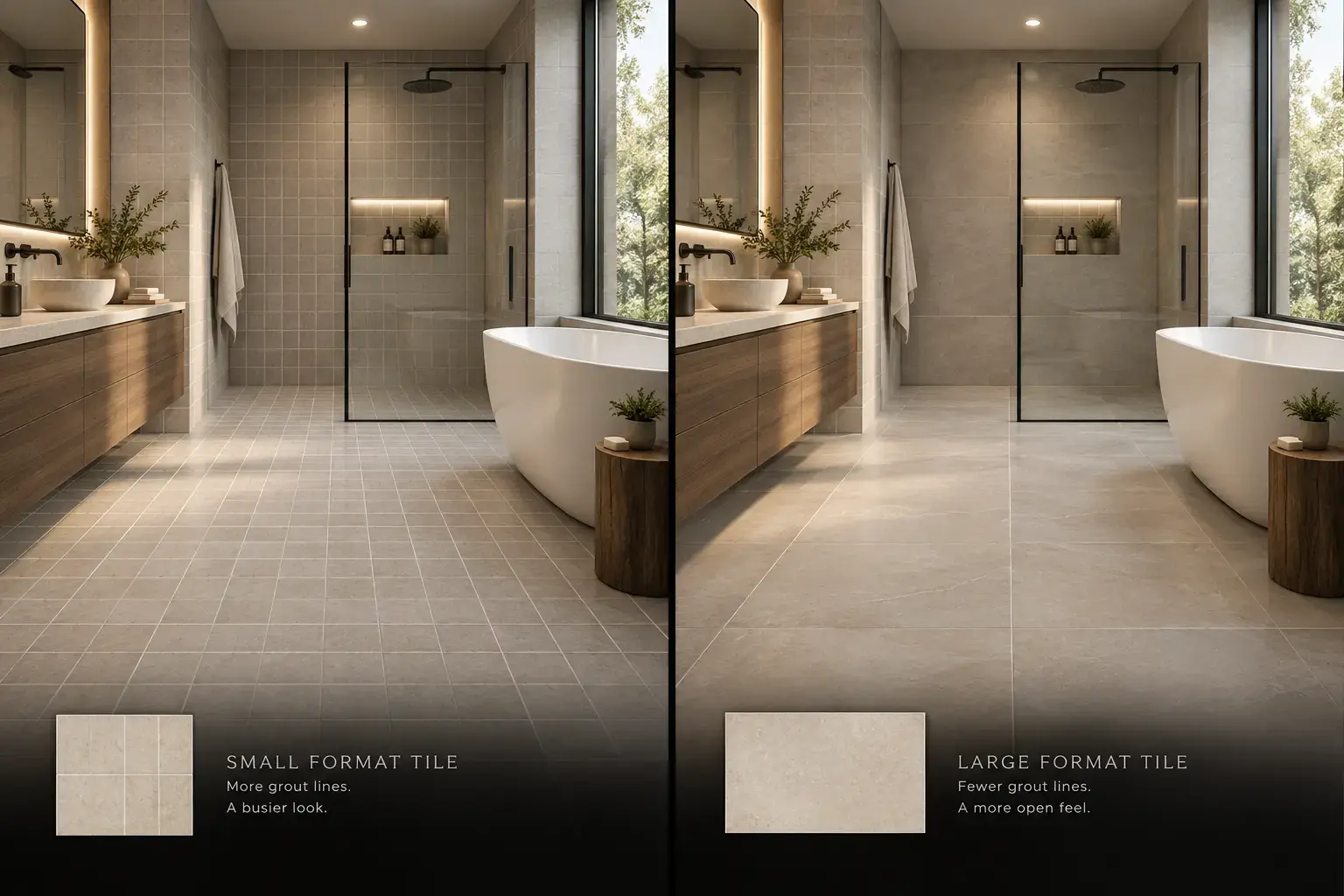 Conceptual rendering of large-format and small-format tile comparison in a luxury bathroom at Kings Beach home
