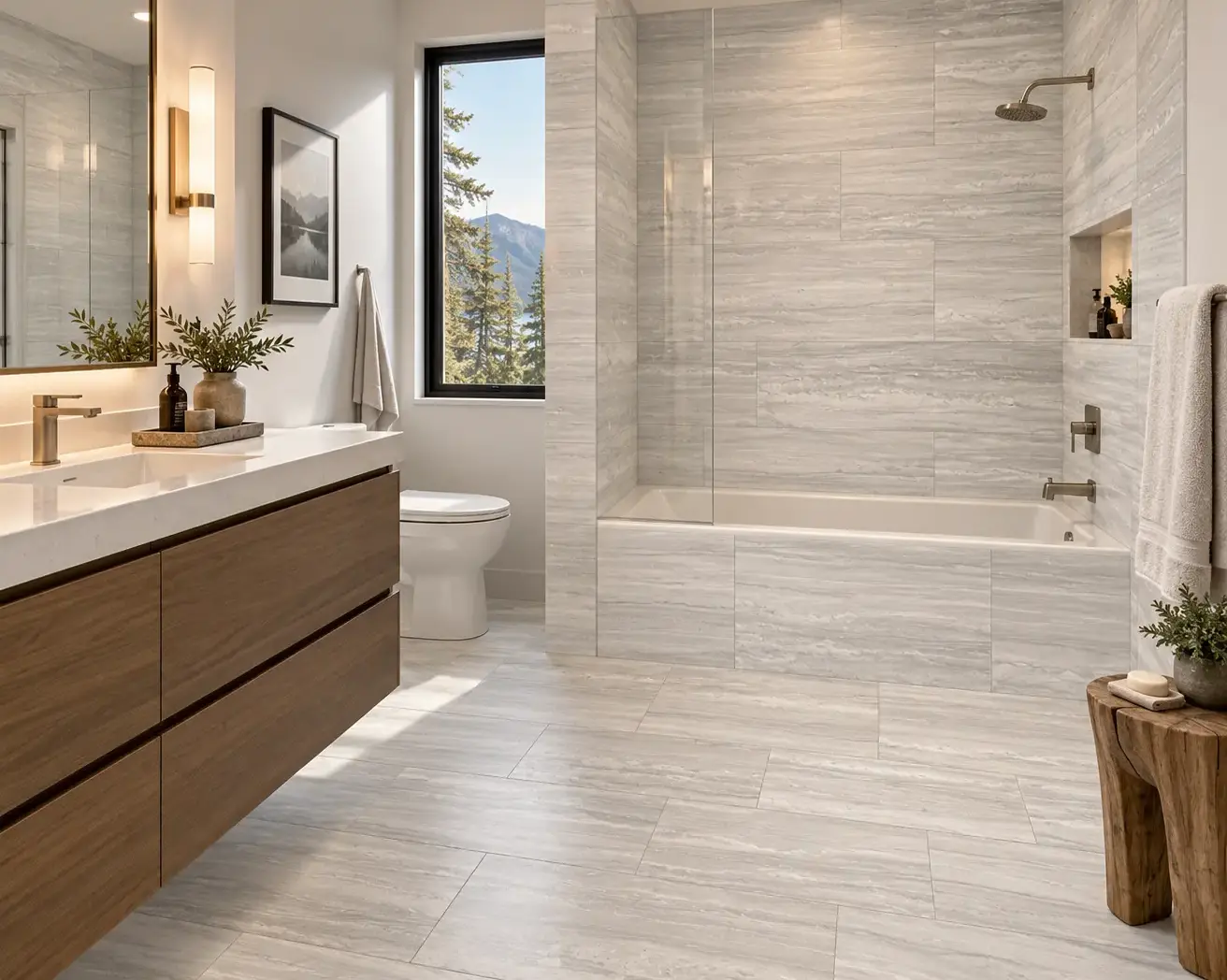 Conceptual rendering of 12x24 large-format tile in a modern luxury bathroom at Kings Beach, CA