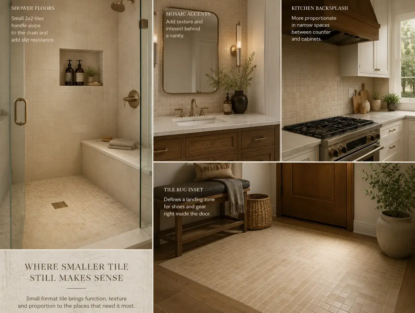 Conceptual rendering of luxury interior featuring small-format beige tiles in a shower, kitchen, vanity, and entryway at Kings Beach, CA
