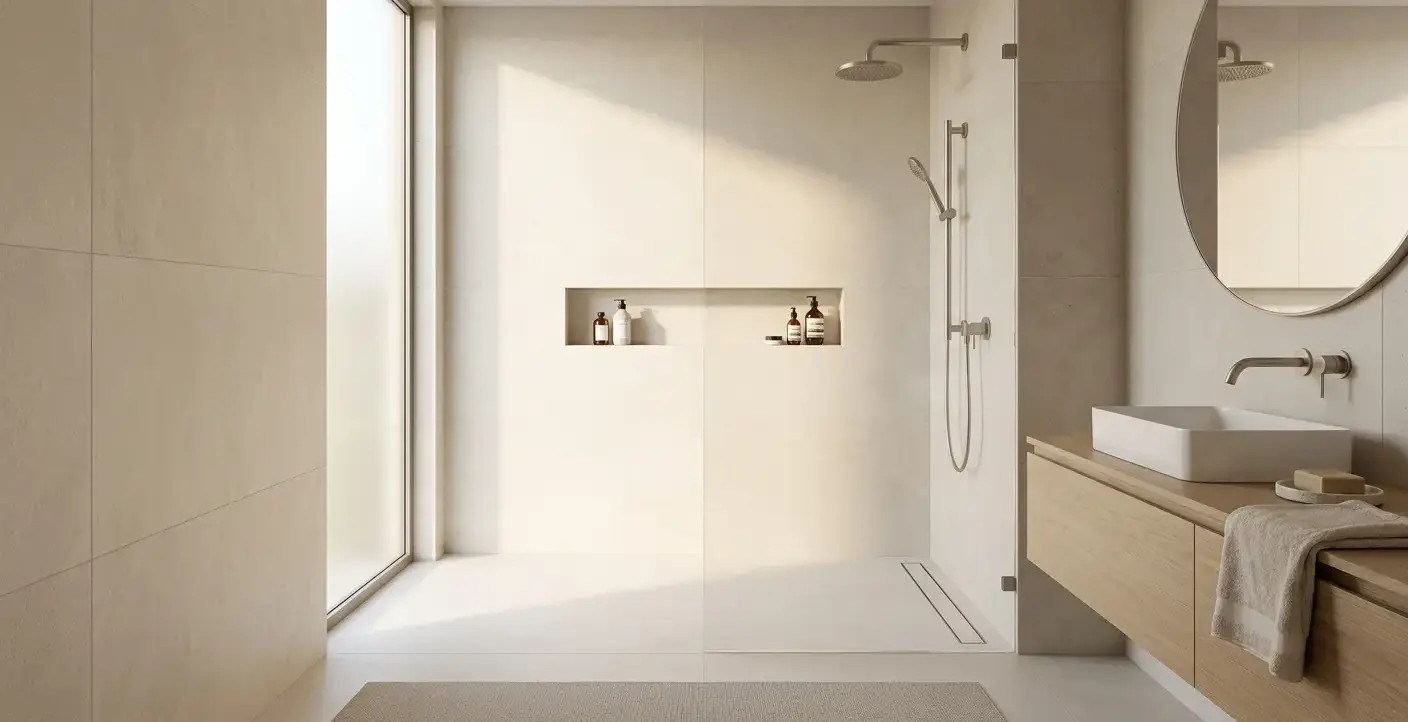 Conceptual rendering of a minimalist bathroom shower wall in honed porcelain