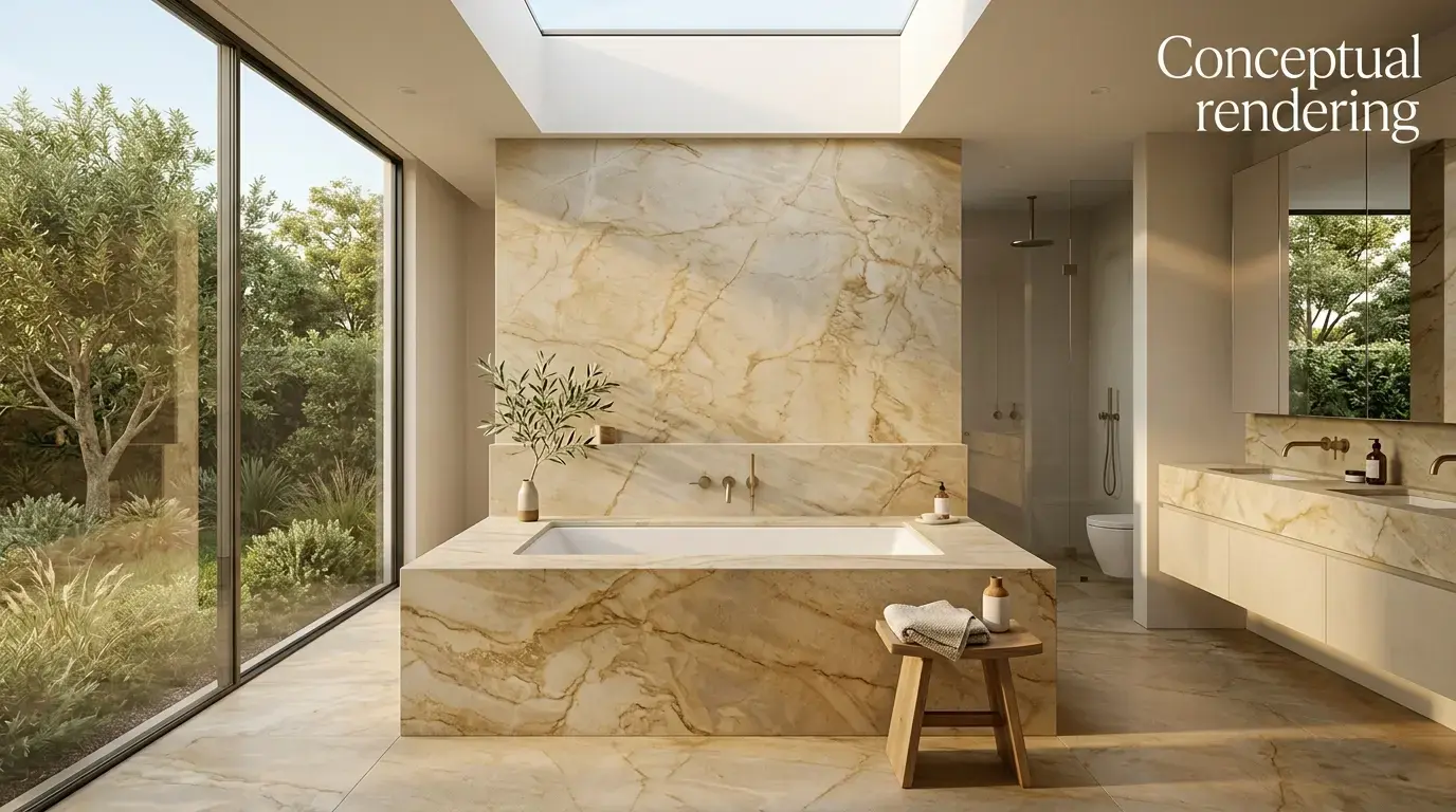 Conceptual rendering of a minimalist bathroom tub surround in warm quartzite
