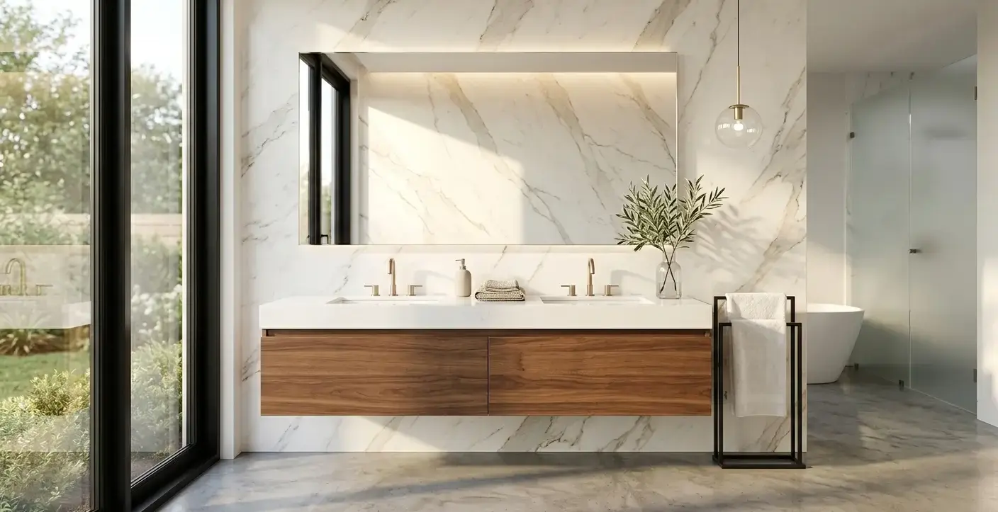Conceptual rendering of a minimalist bathroom vanity area with a marble accent wall