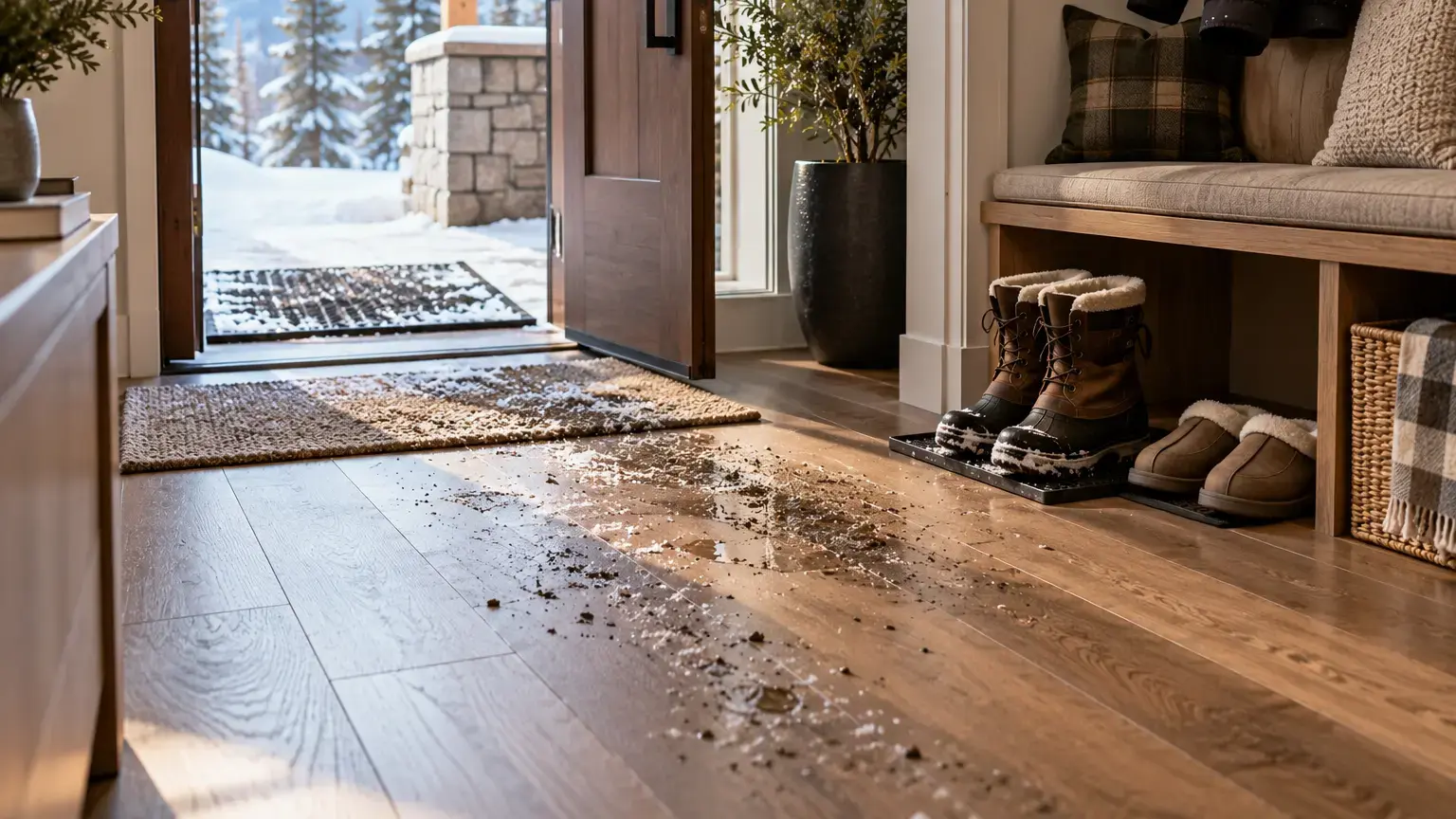 Conceptual rendering of winter boots tracking snow and grit onto a hardwood floor in a mudroom at Truckee, CA
