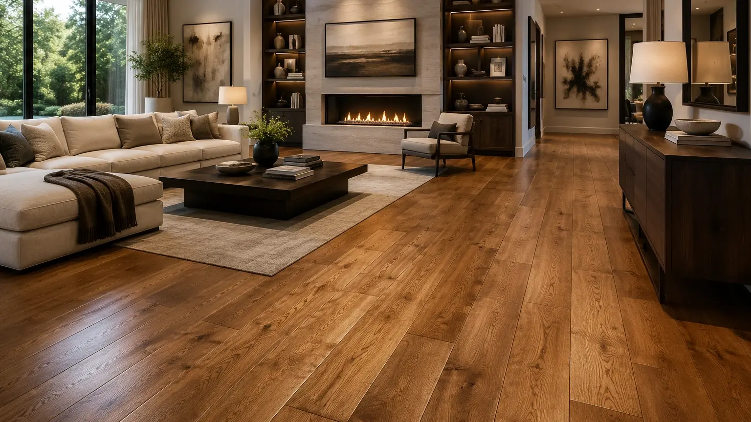 Conceptual rendering of luxury living room at Truckee Mountain home with solid hardwood flooring