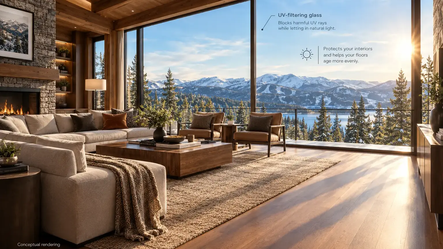 Conceptual rendering of luxury mountain living room at Truckee, CA with UV-filtering glass and hardwood floors