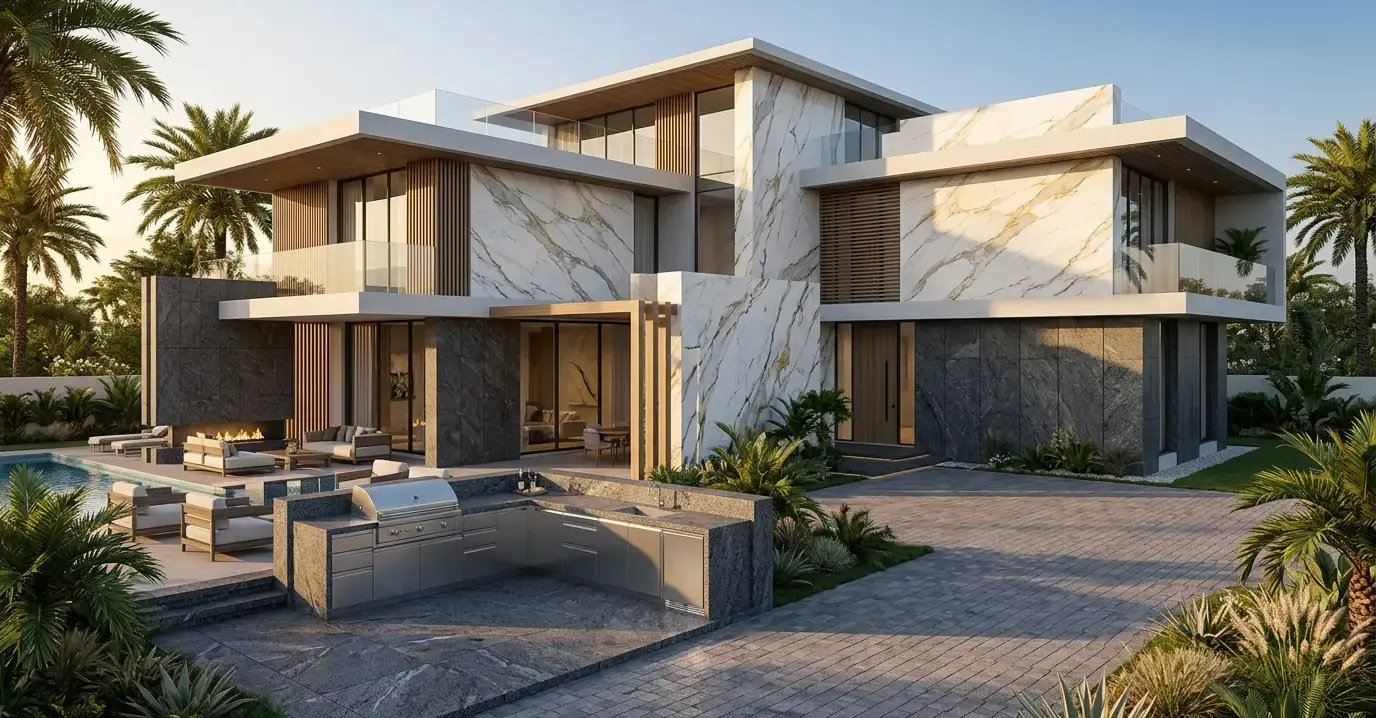 Conceptual rendering of a quartzite and granite exterior facade