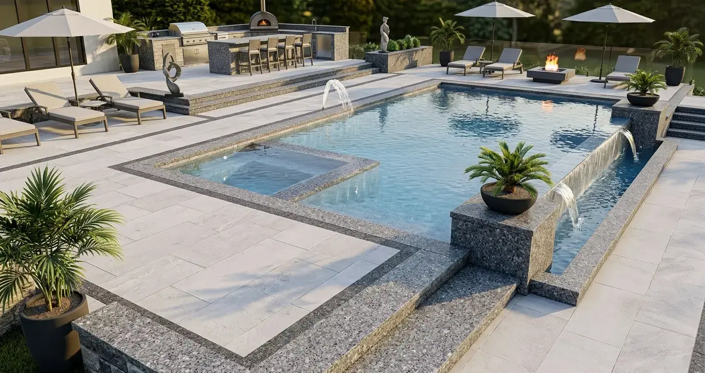 Conceptual rendering of a quartzite and granite pool deck design