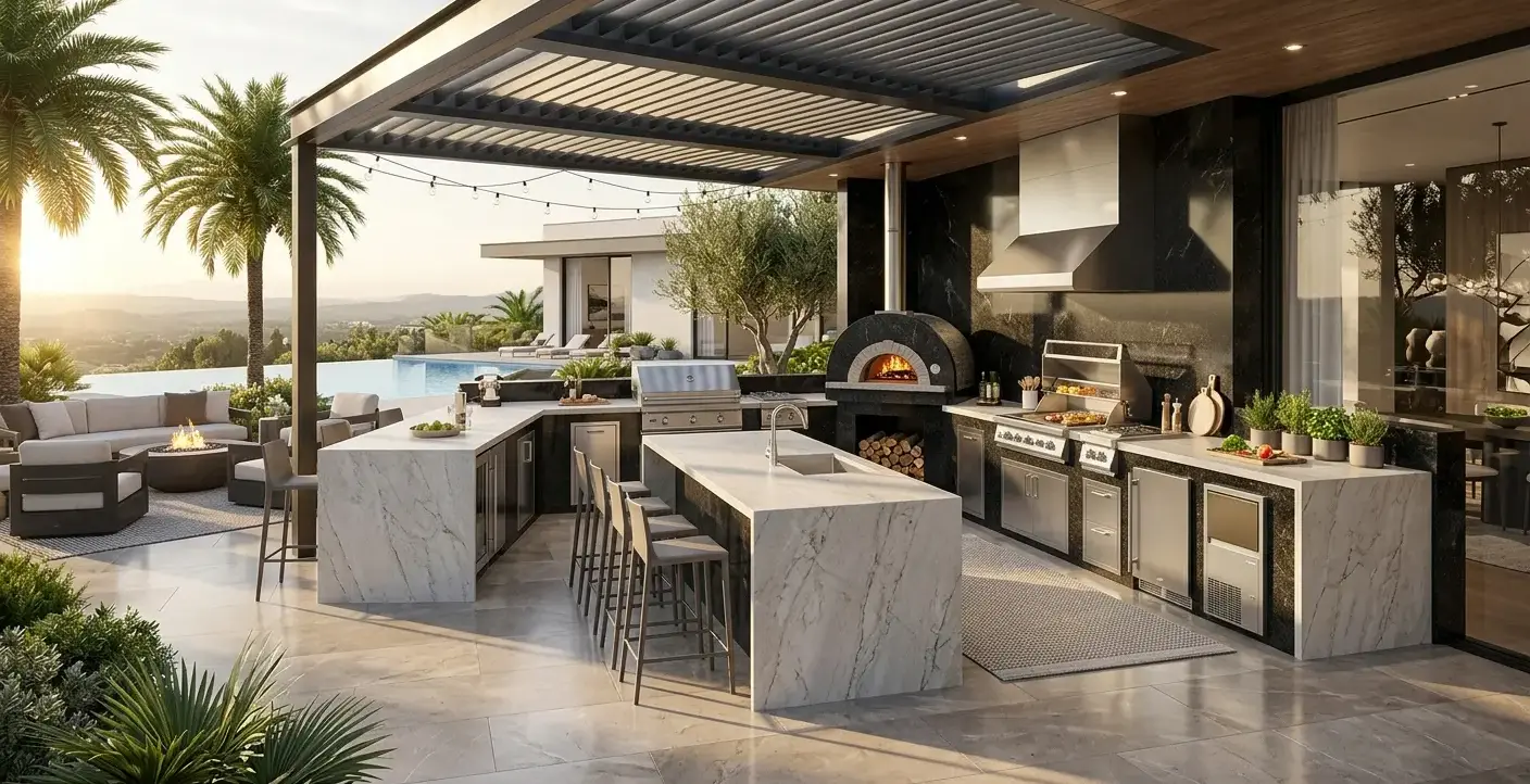 Conceptual rendering of a quartzite and granite outdoor kitchen