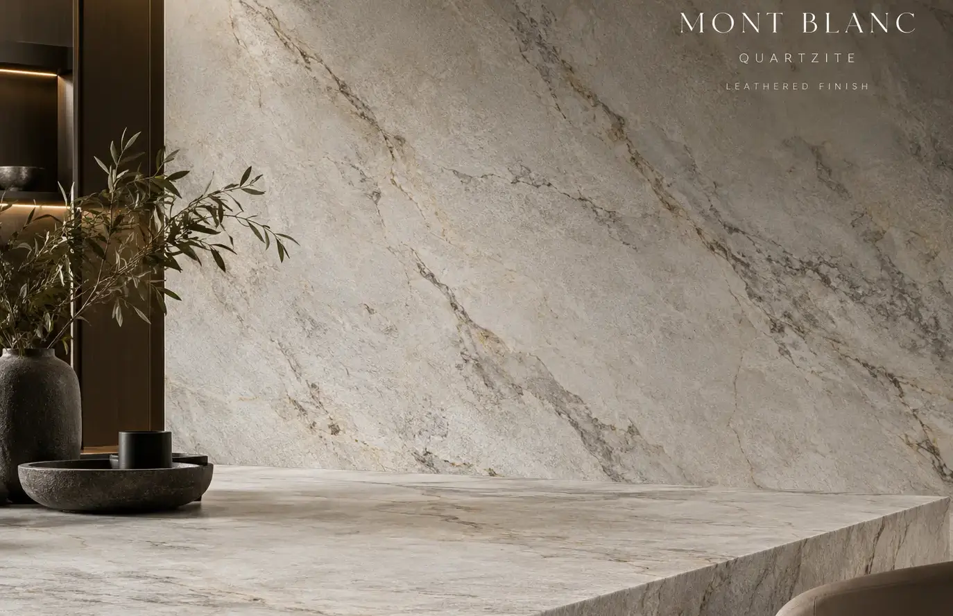 Conceptual rendering of leathered Mont Blanc quartzite countertop and backsplash in a sophisticated modern interior at Incline Village, NV