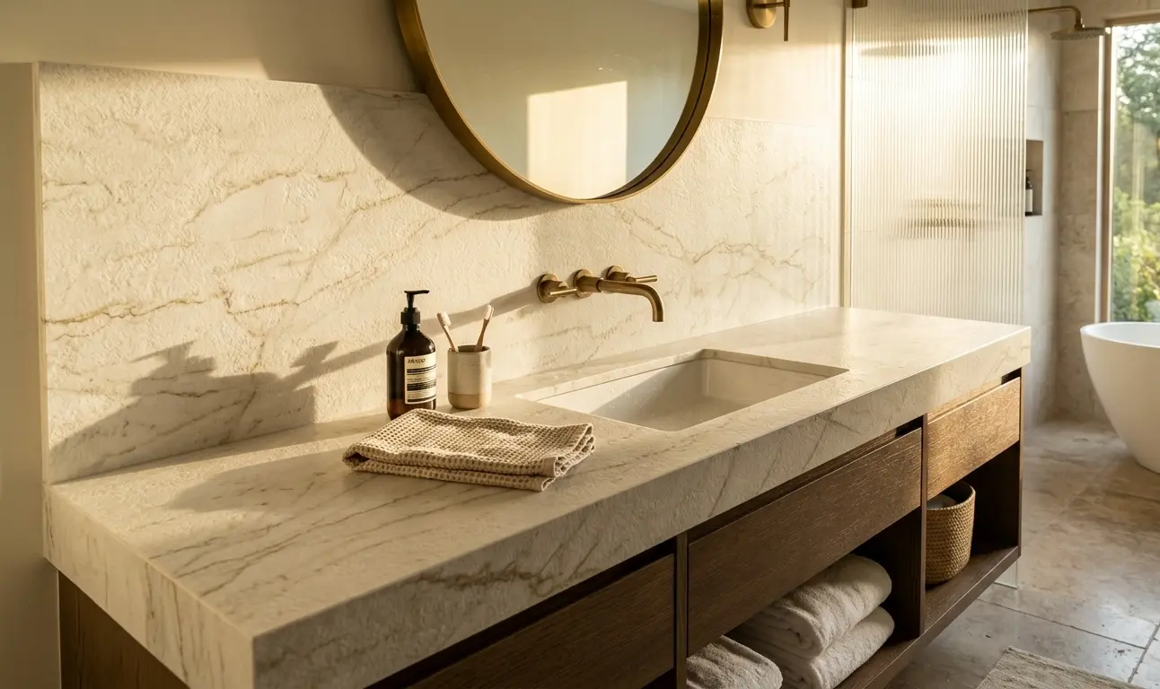 Conceptual rendering of bathroom at Incline Village, NV featuring Mont Blanc quartzite leathered vanity countertop