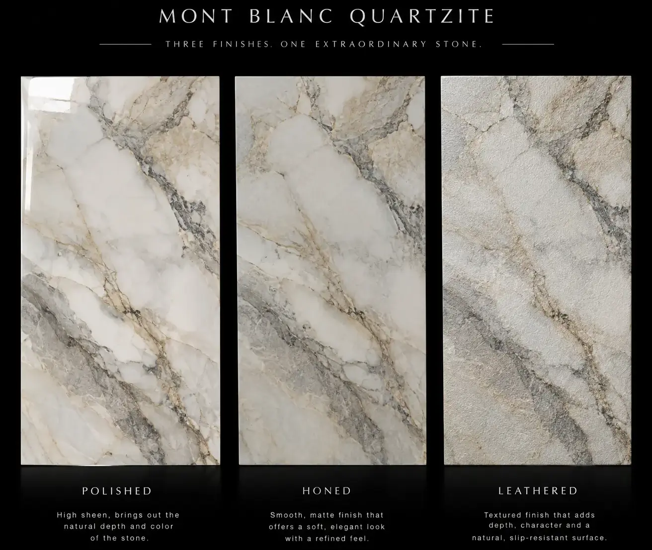 Conceptual rendering of Mont Blanc quartzite slabs displayed side-by-side showing polished, honed, and leathered finishes with gray veining