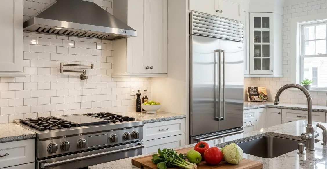 Modern kitchen featuring white subway tile backsplash