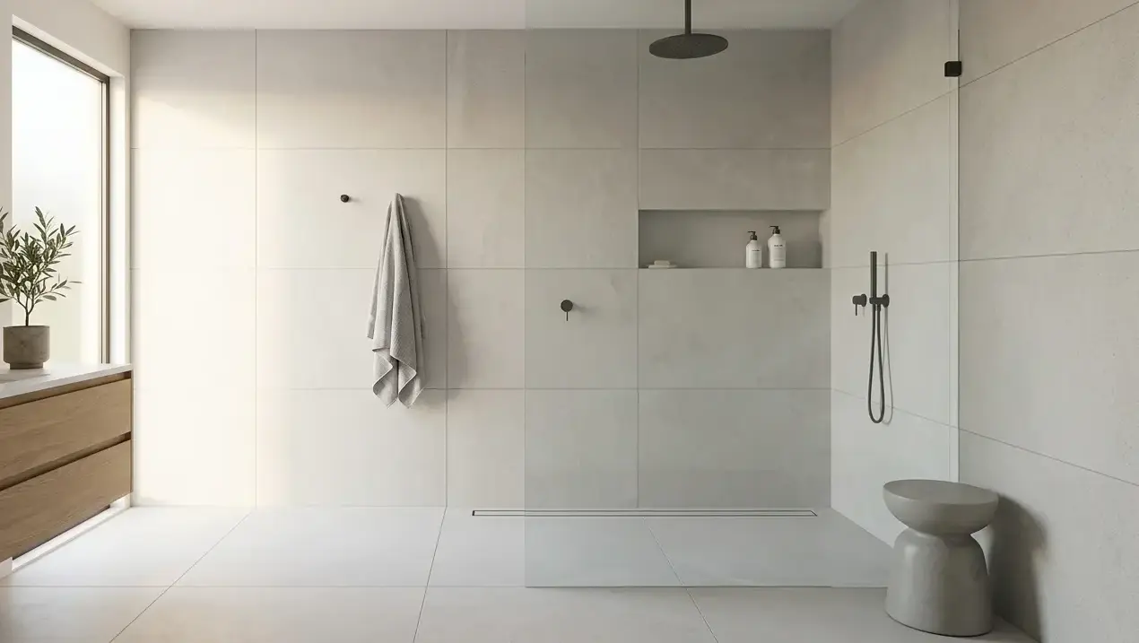 Conceptual rendering of a minimalist bathroom shower with large format porcelain tile