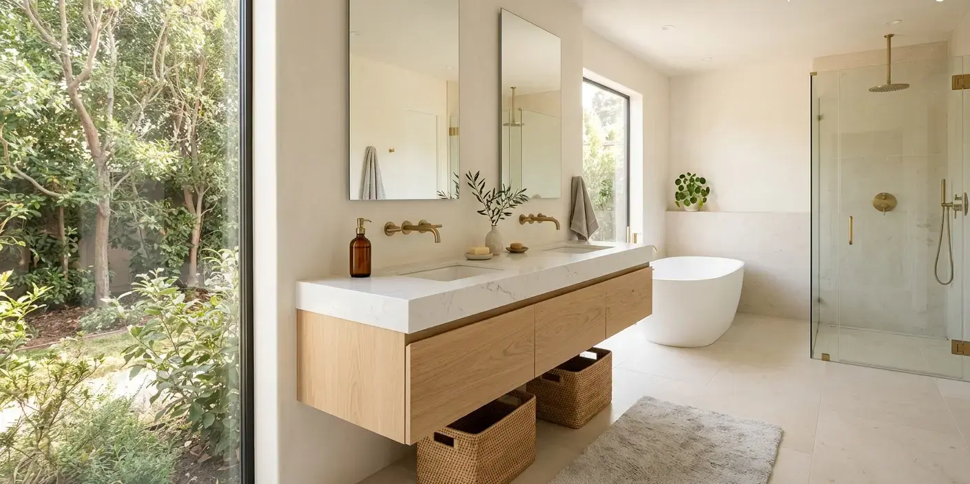 Conceptual rendering of a minimalist bathroom vanity with quartz countertop