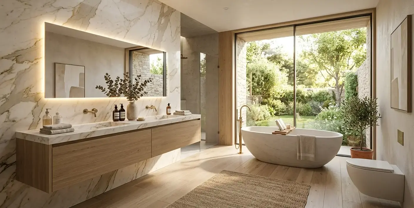 Conceptual rendering of a minimalist bathroom with warm marble accent wall