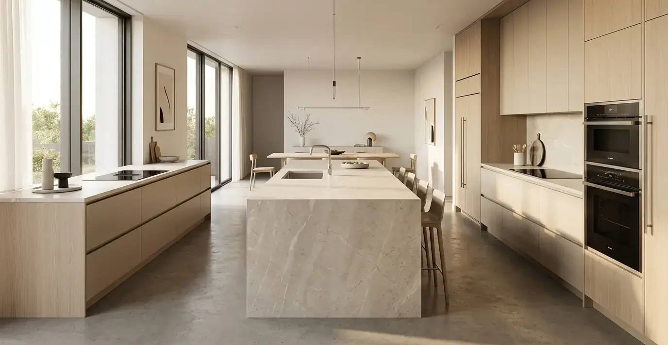 Conceptual rendering of a minimalist kitchen design with honed quartzite island