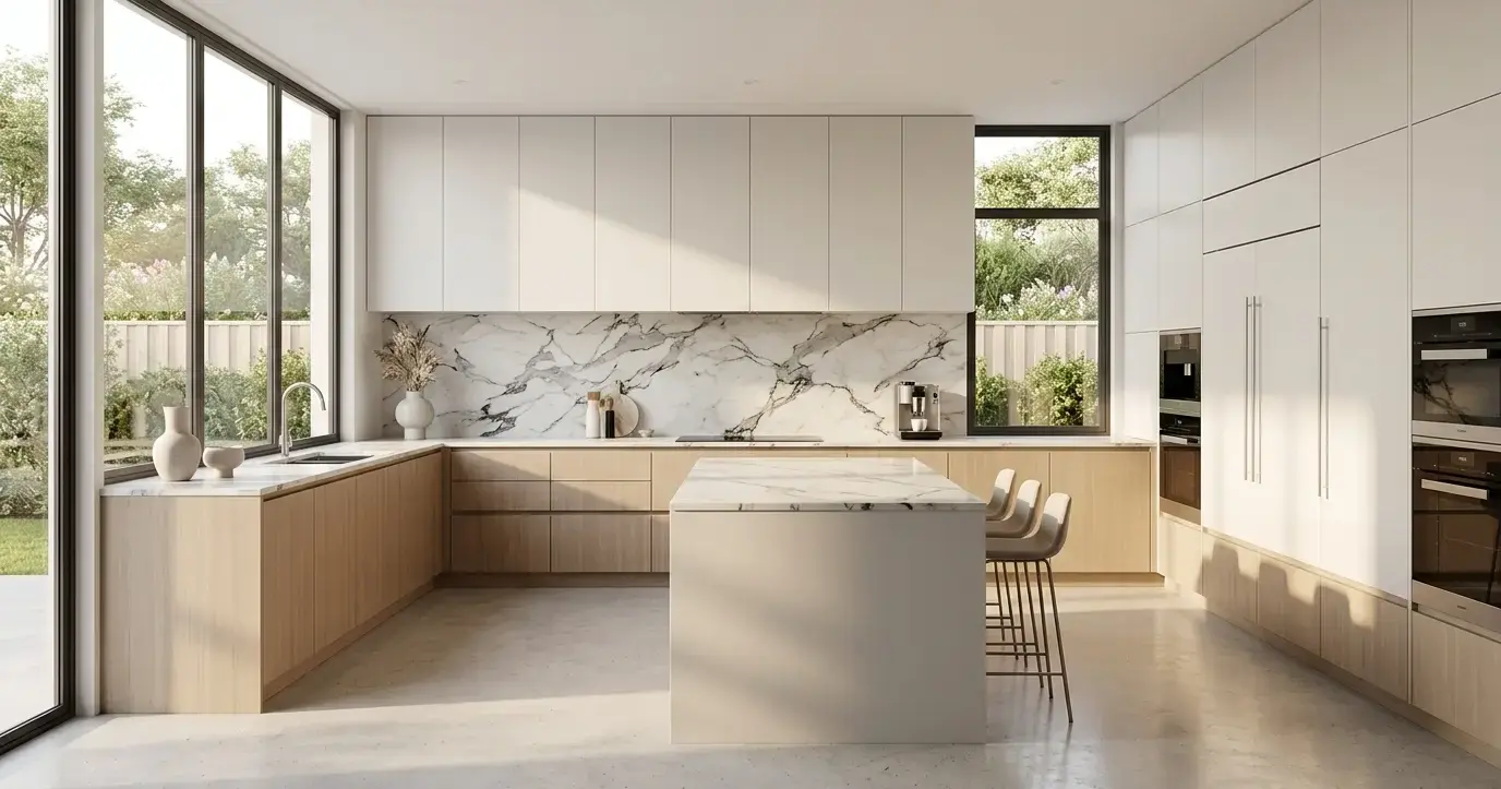 Conceptual rendering of a minimalist kitchen design with marble backsplash accents