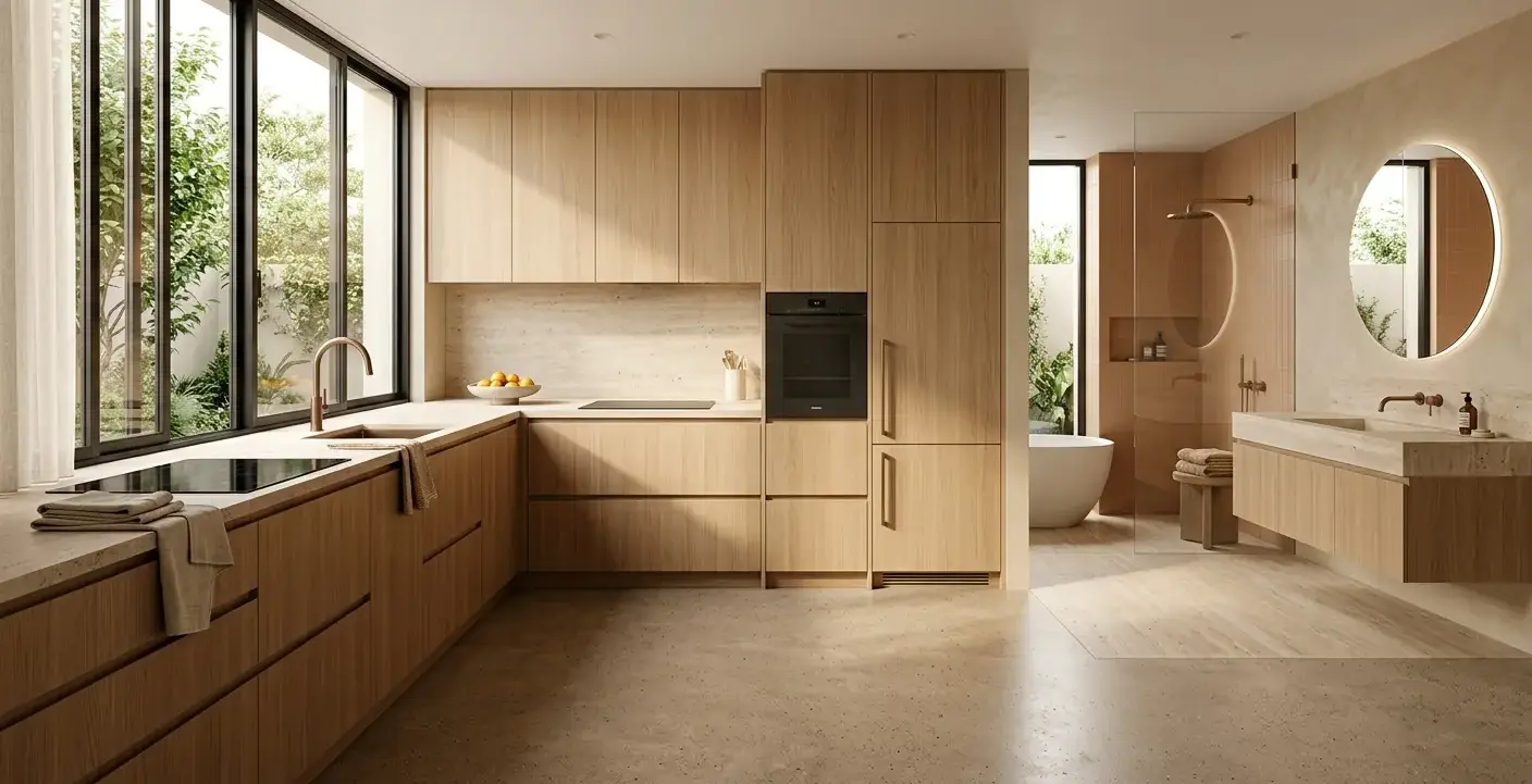 Conceptual rendering of a minimalist kitchen design extended into a warm bathroom palette
