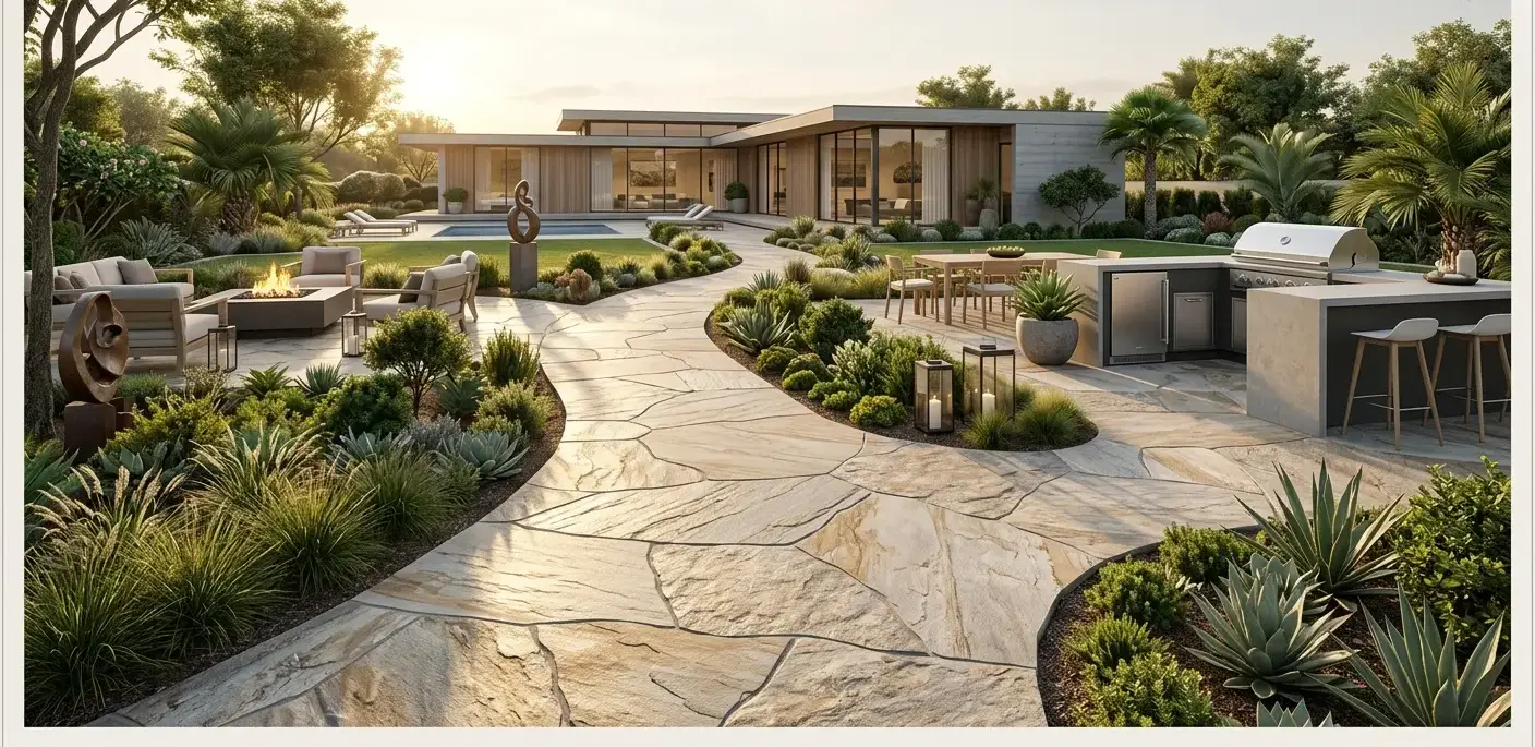 Conceptual rendering of a quartzite slabs garden walkway path
