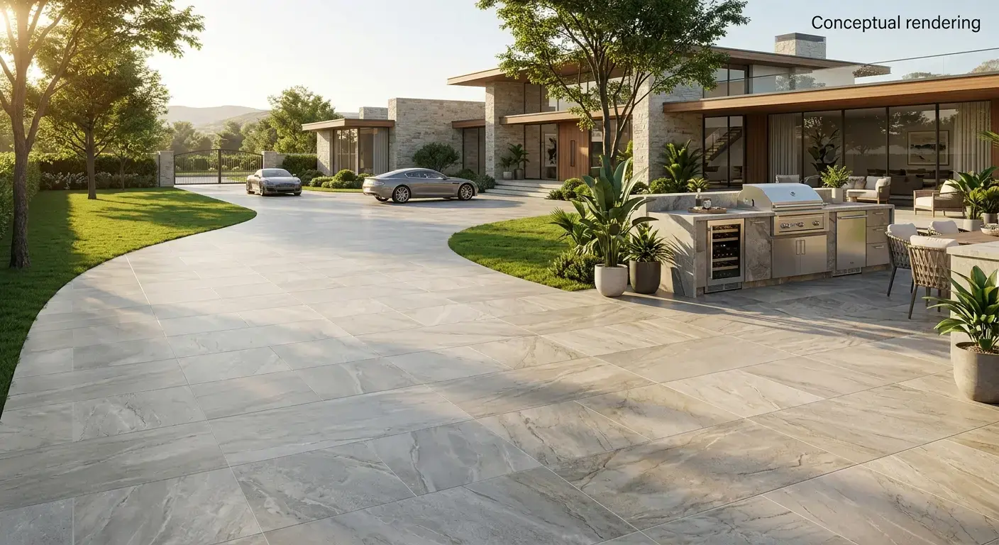 Conceptual rendering of a quartzite slabs textured driveway finish.