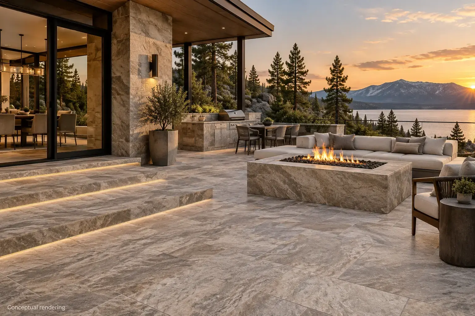 Conceptual rendering of luxury exterior stone patio with modern fire pit